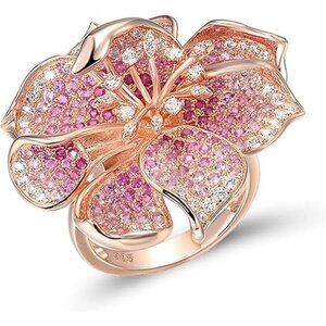 Hibiscus-Pink Sterling Silver Gemstone Flower Ring for Women